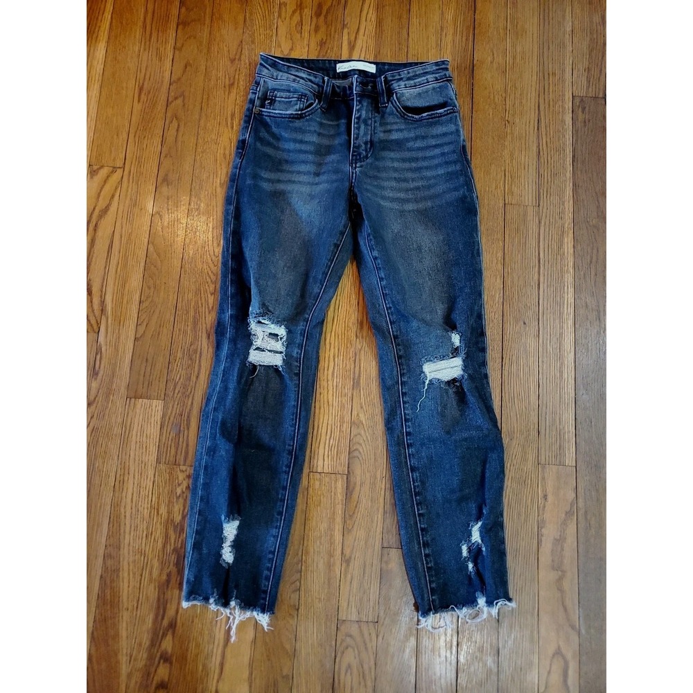 KanCan Midrise Distressed Fray‎ Hem Stretch Charcoal Black Crop Jeans 25 210999